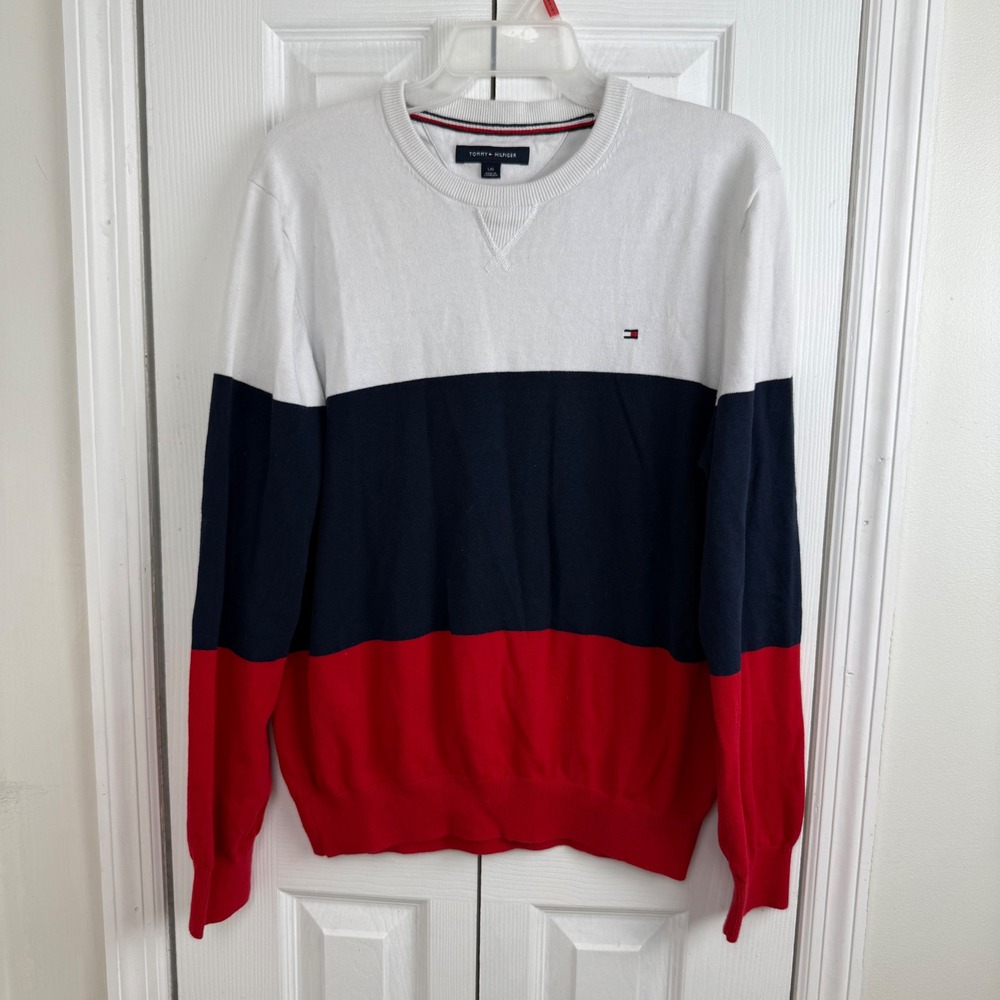 Tommy Hilfiger Mens Crewneck Sweater Colorblock Red Navy‎ White Size L Y2K 90s